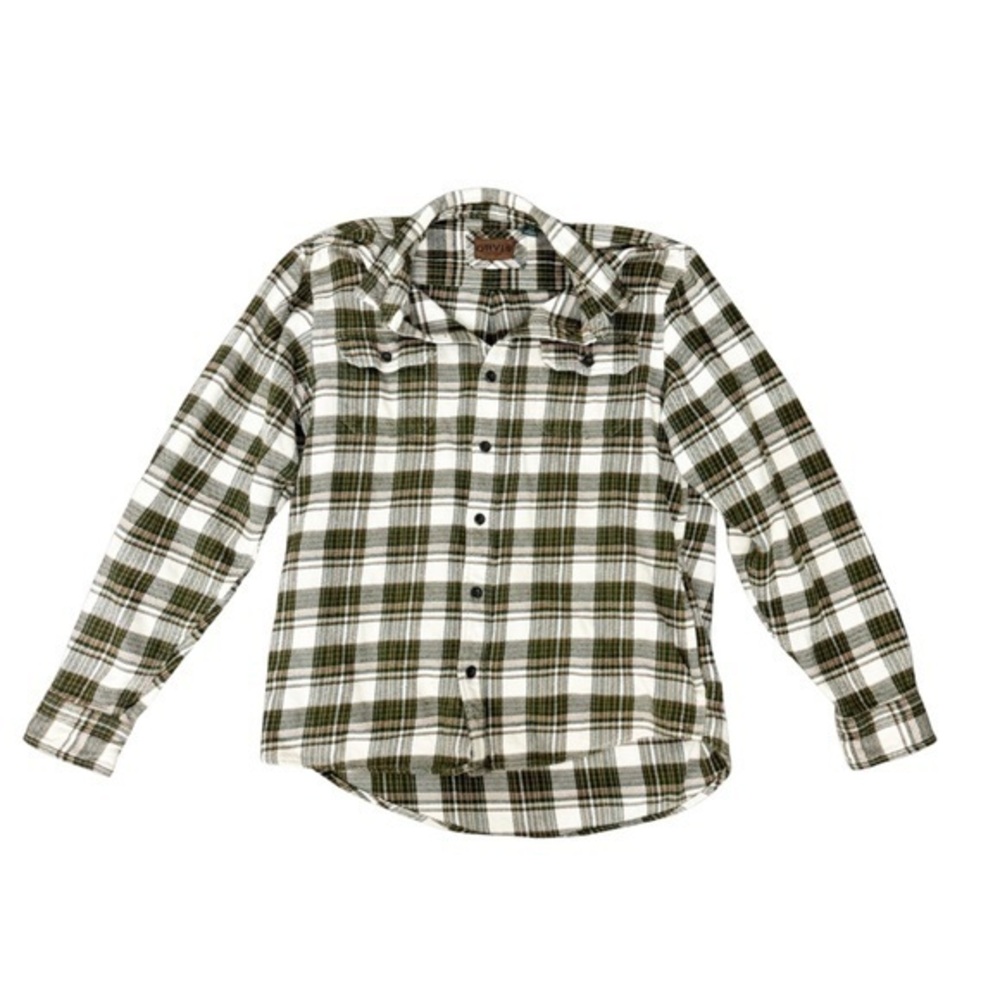 Orvis Olive and White Plaid Heavyweight Flannel Shirt Size Large